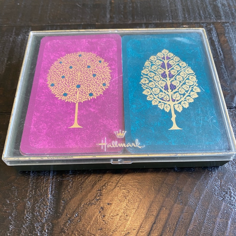 Vintage Hallmark Gold-Embellished Purple & Teal Tree Playing Card Decks